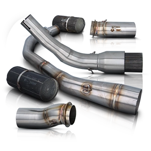 Exhaust manifolds and connecting pipes for motorcycles made of stainless steel with welded seams and carbon end caps.